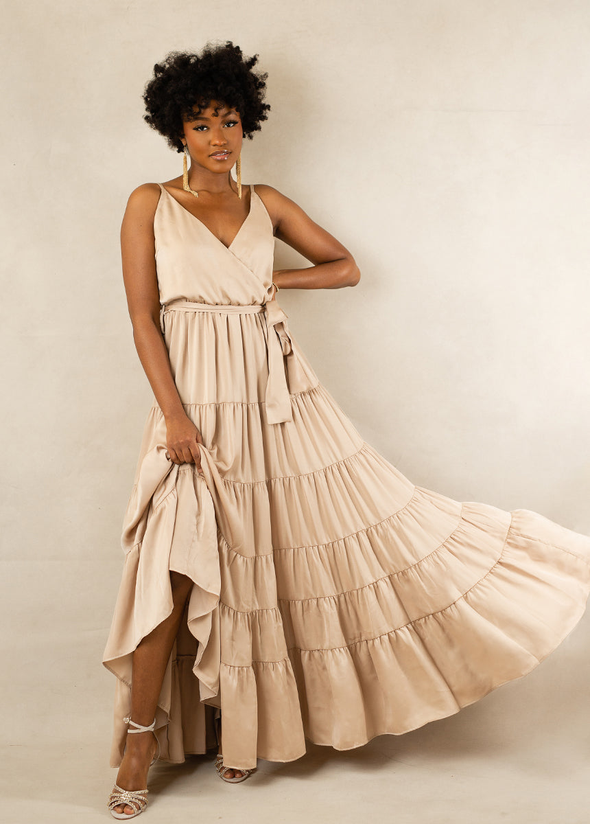 Zayla Dress in Champagne Bridesmaid Boho Maxi Joyfolie Bridal