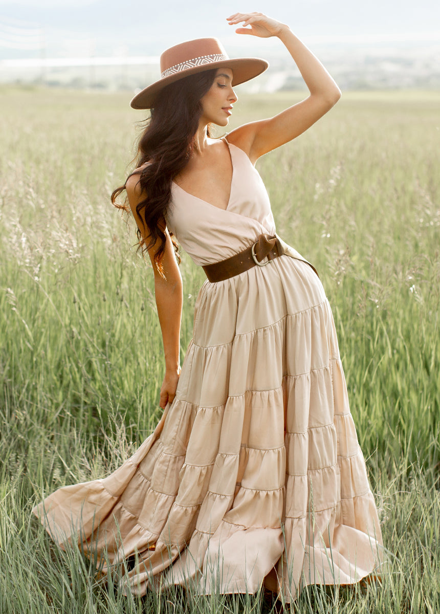 Joyfolie Women's Zayla Maxi Dress in Champagne | Boho Maxi