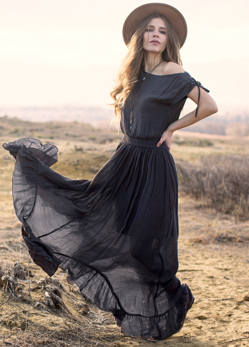 Gia Dress in Charcoal, Boho Maxi Dress