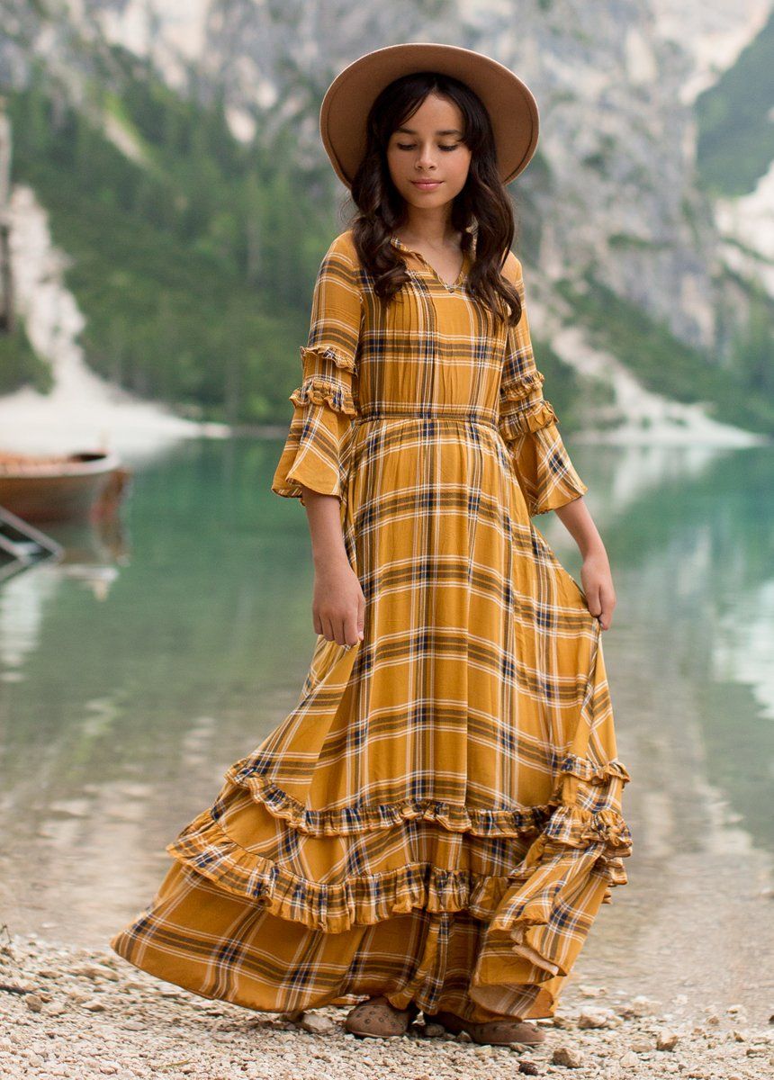 Mariana Dress in Ochre Plaid