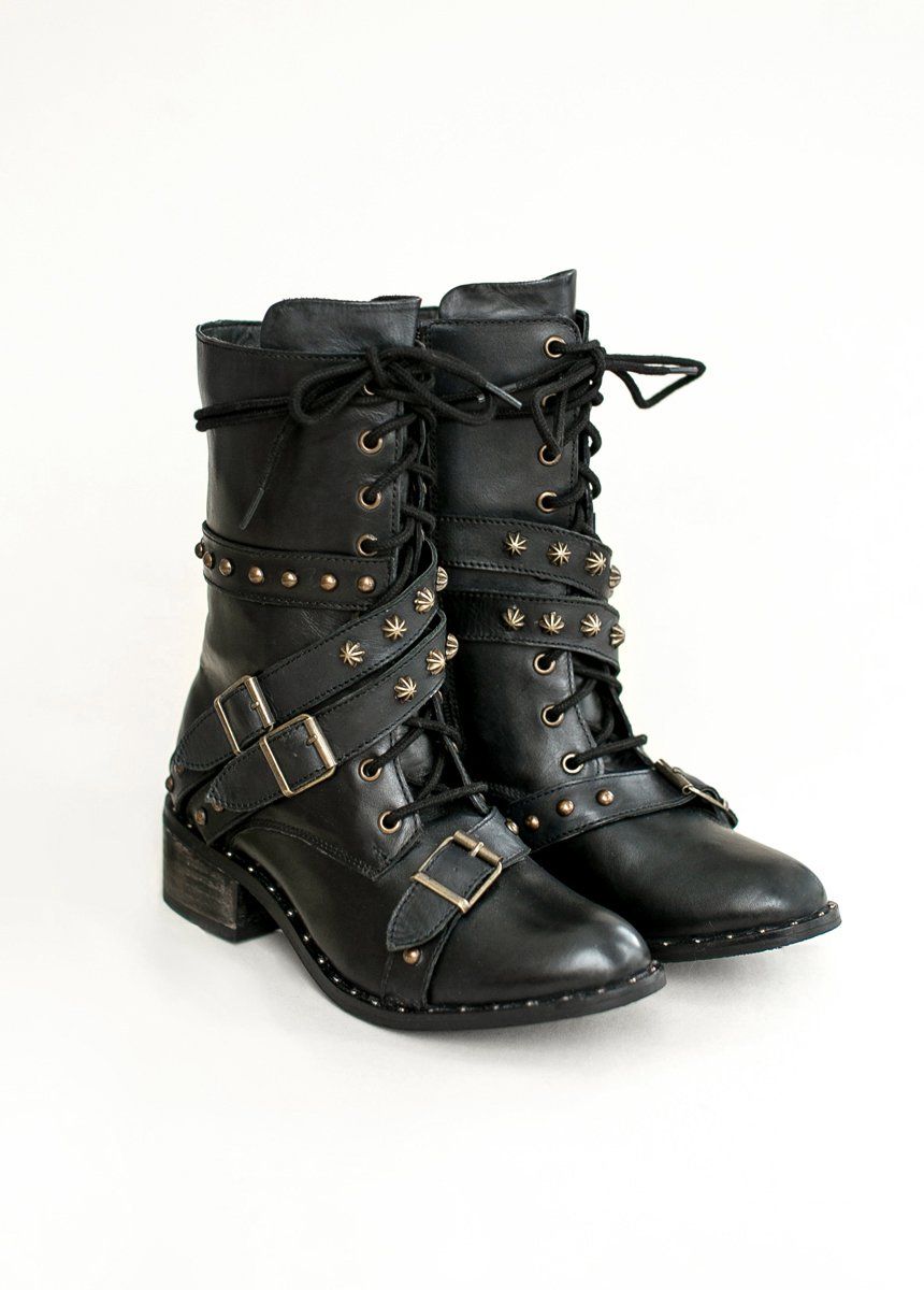 Rory Leather Combat Boot in Distressed Black