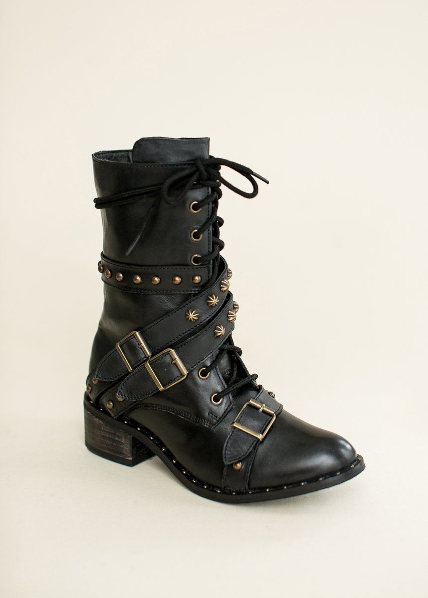 Leather Womens Black Army Boots Combat Boots For Women, Mid Calf