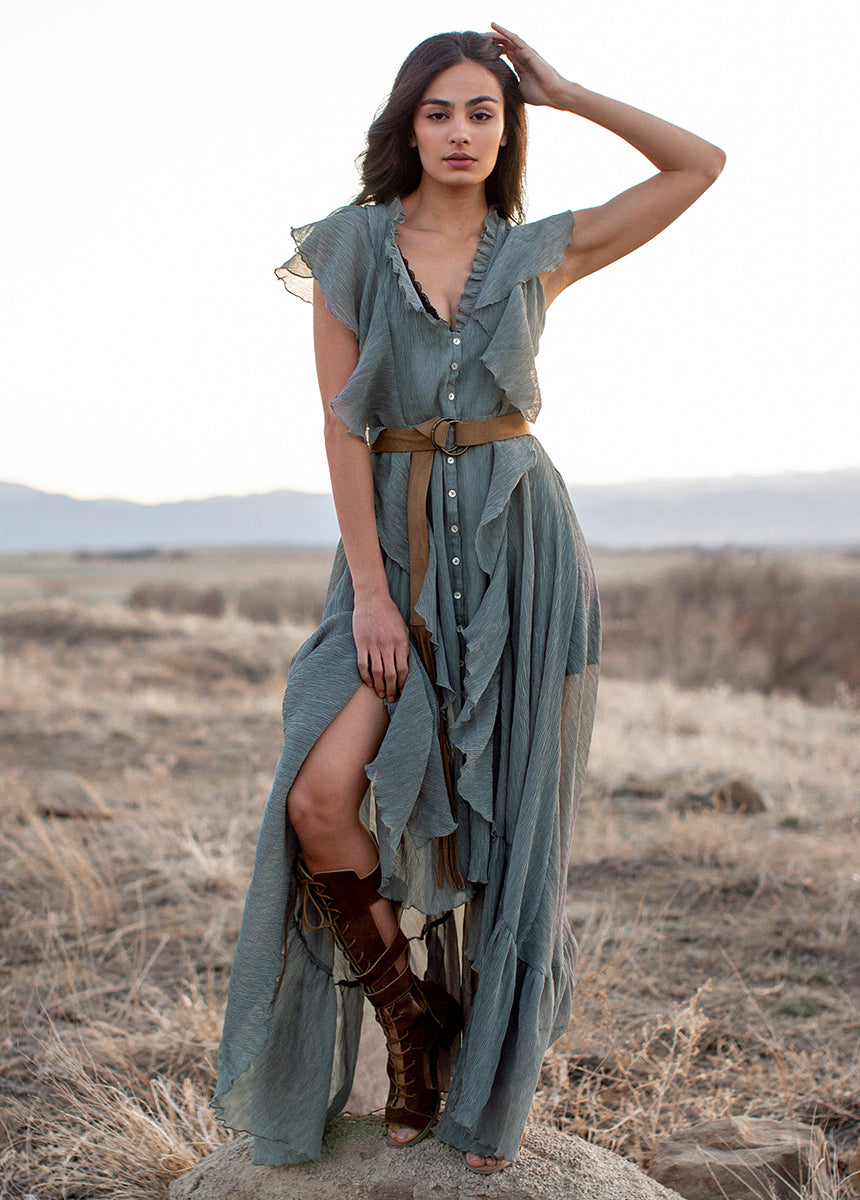 island dress Joyfolie Women's Cass Maxi Dress in Island Green | Vertical Ruffle Maxi Maxi Dress