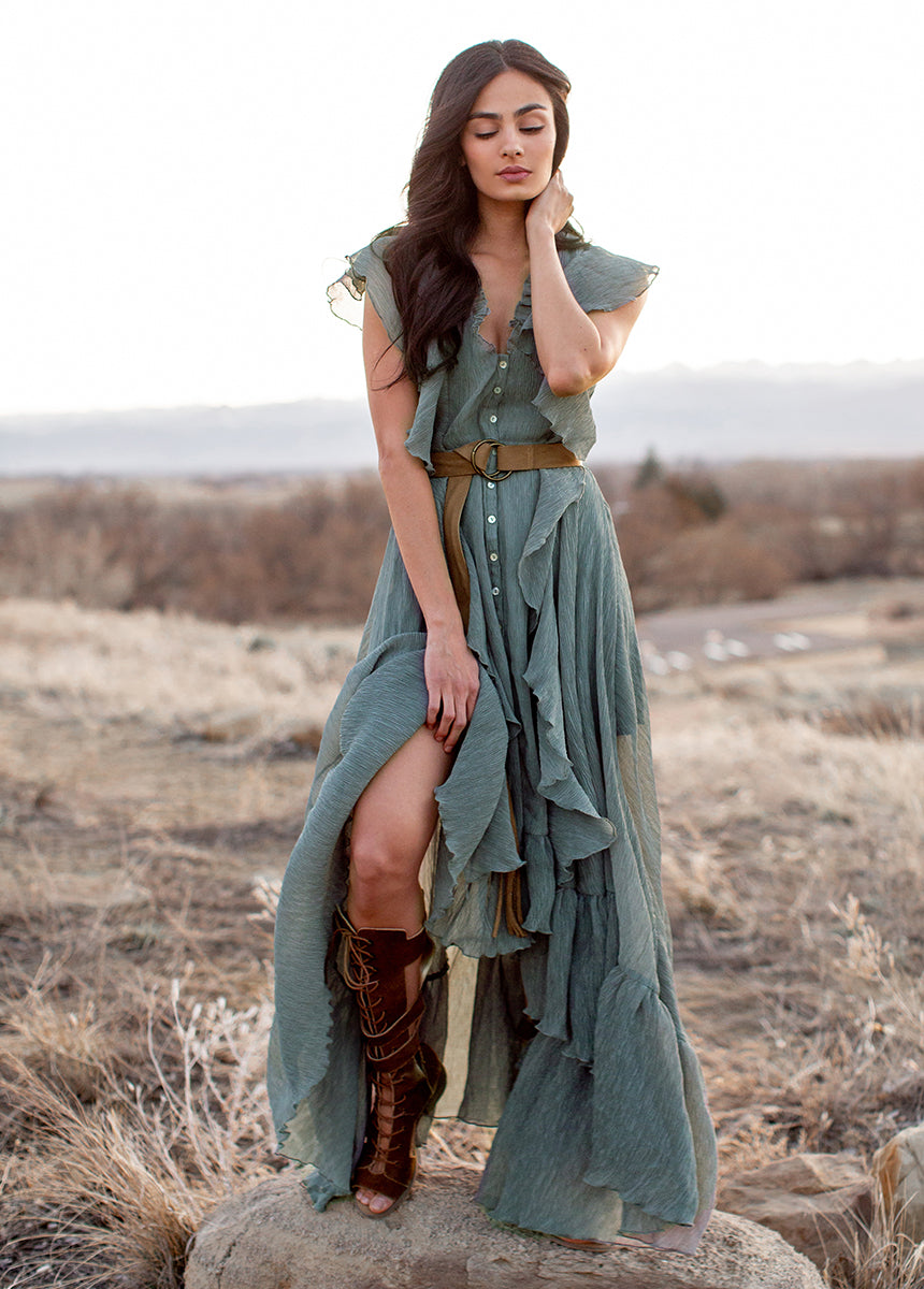sage green boho dress Joyfolie Women's Cass Maxi Dress in Island Green | Vertical Ruffle Maxi Maxi Dress