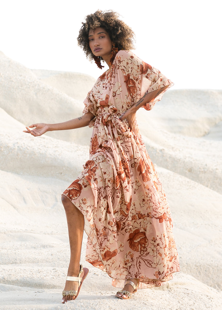 Severine Dress in Sheer Nude Pink Floral