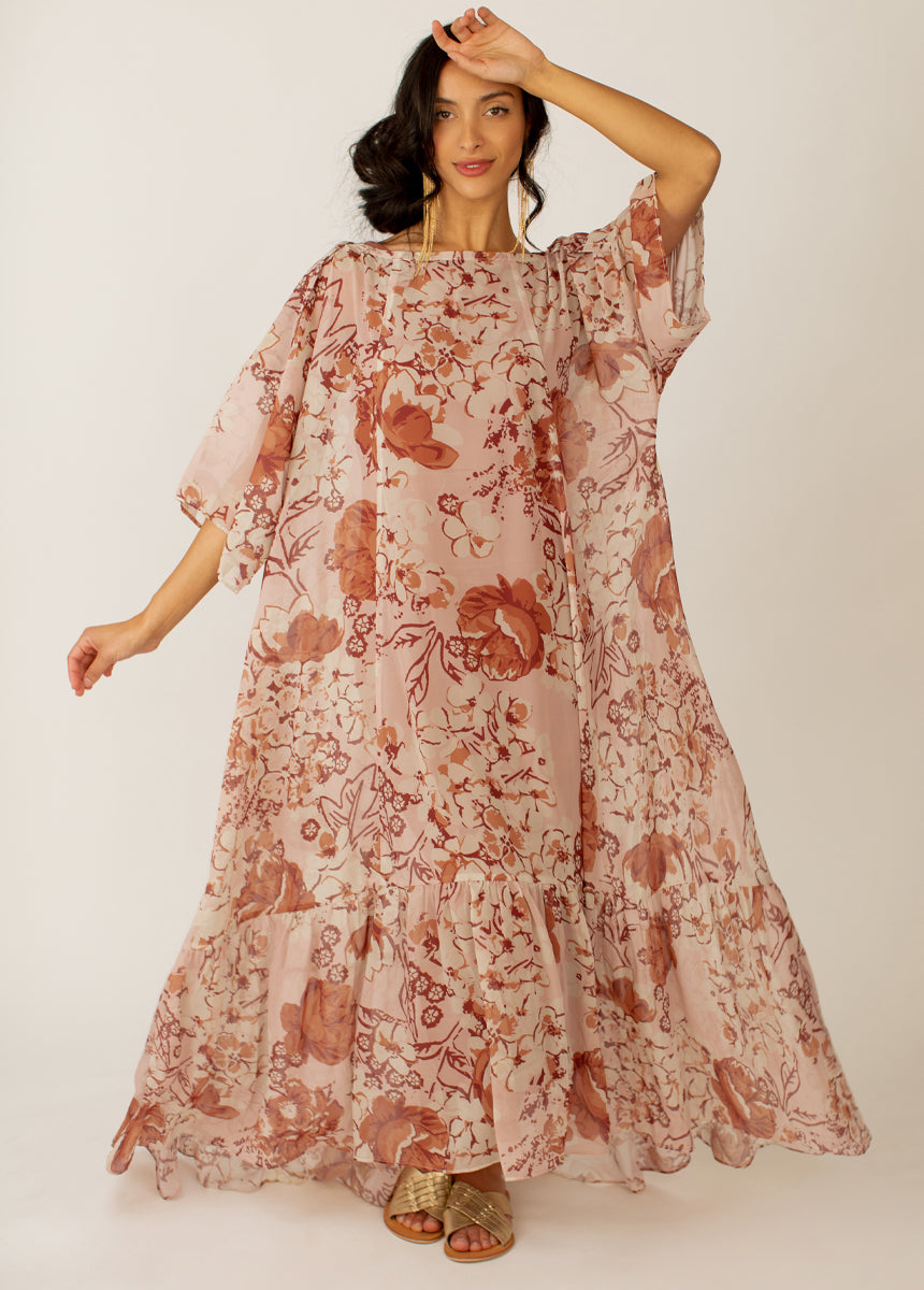 Severine Dress in Sheer Nude Pink Floral
