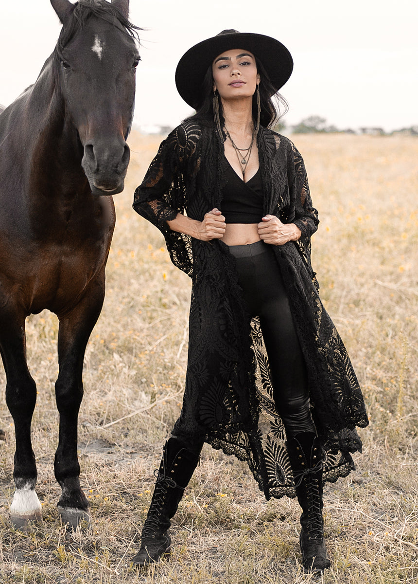 Esme Kimono in Black | Bohemian Lace Maxi Duster | Joyfolie