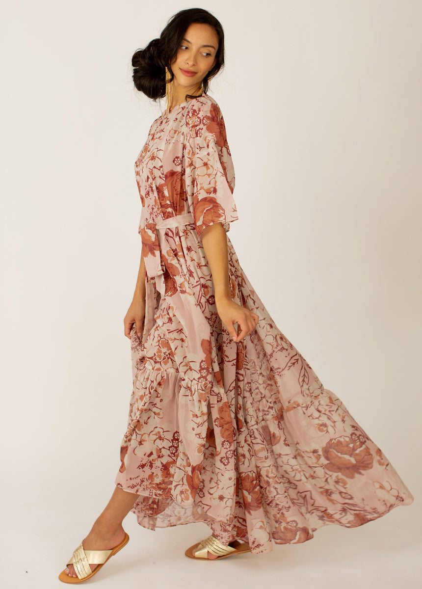 Severine Dress in Sheer Nude Pink Floral