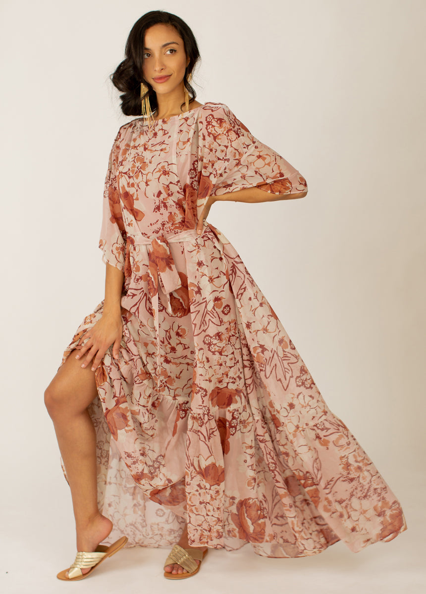 Severine Dress in Sheer Nude Pink Floral