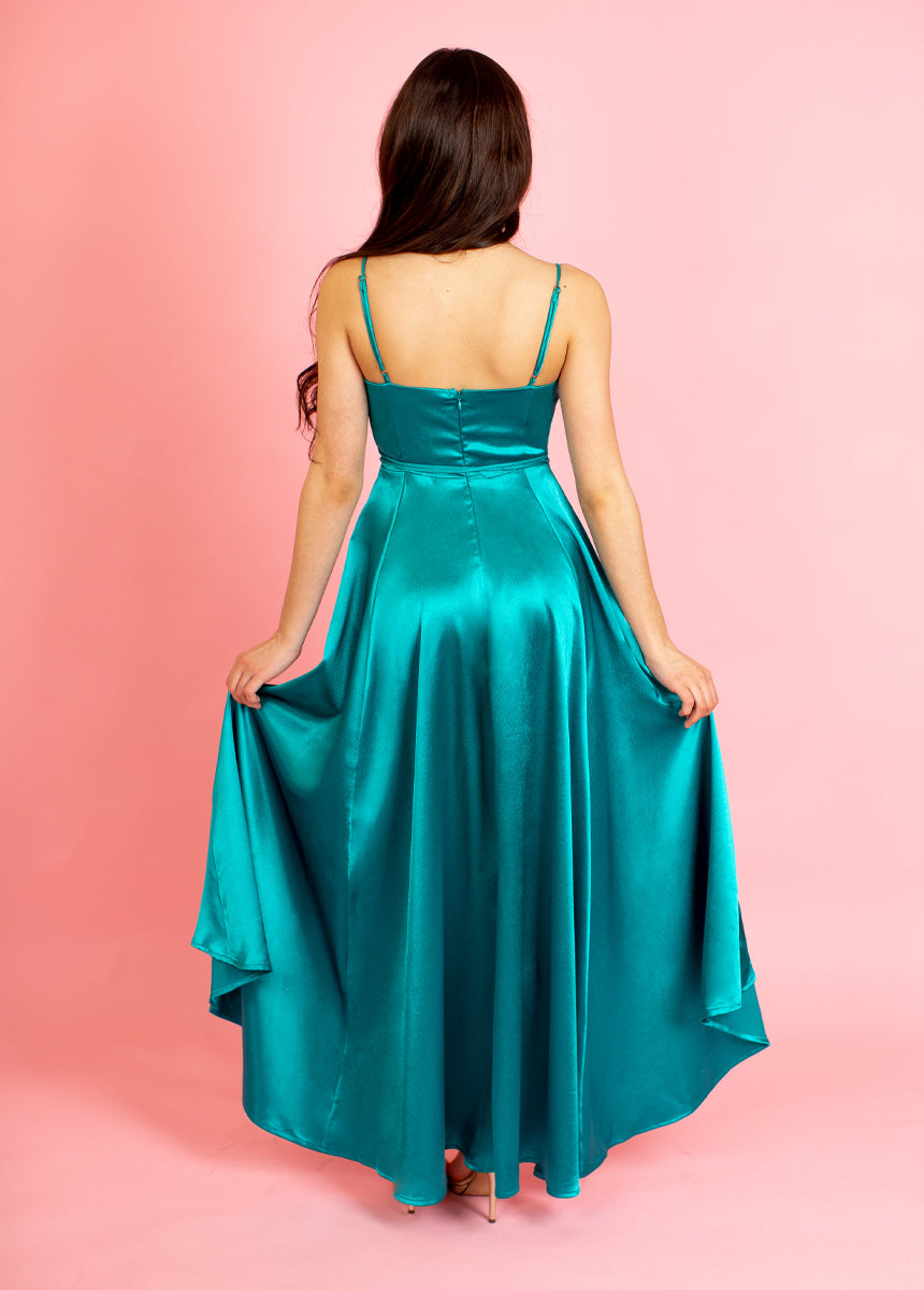 Turquoise Satin Slit A-line Simple Maxi Prom Party Dress - Lunss