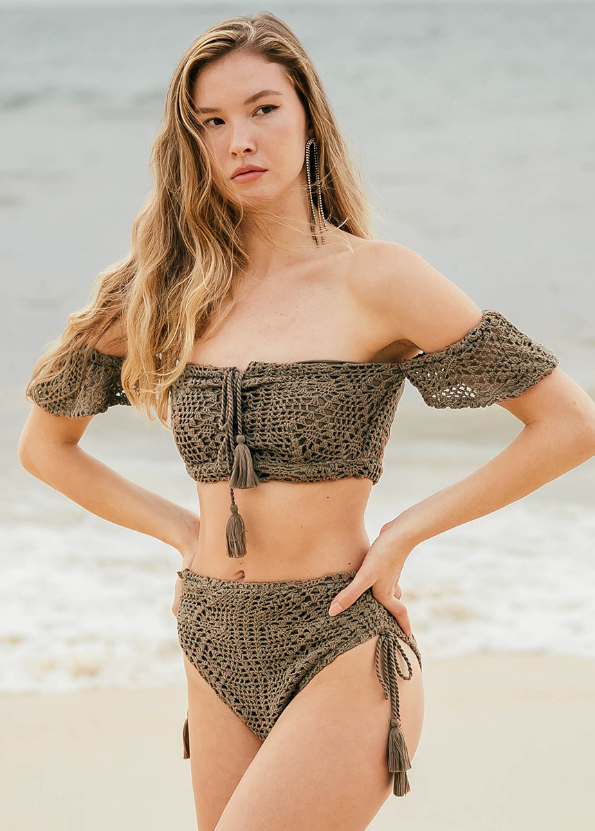 Makani Cold Shoulder Swim Top in Taupe