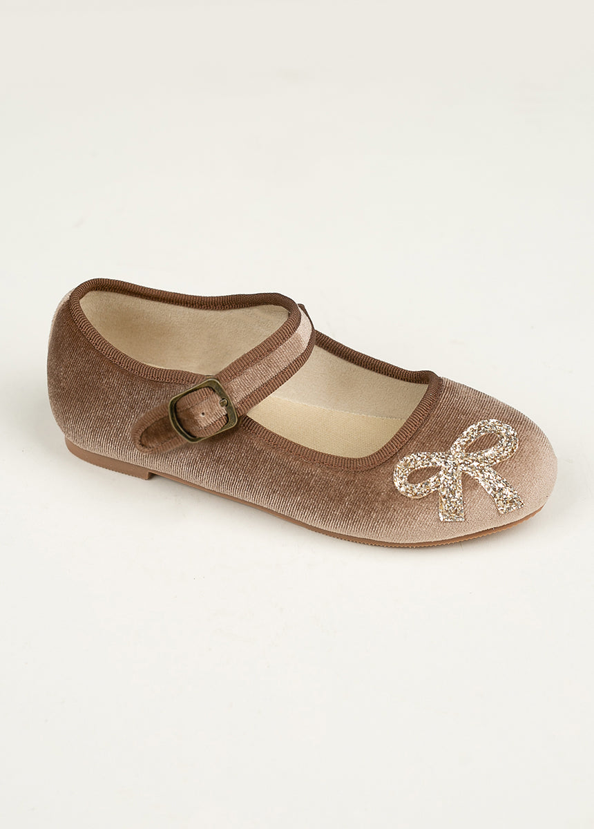 Mary Jane Bow Flat in Tarnished Gold