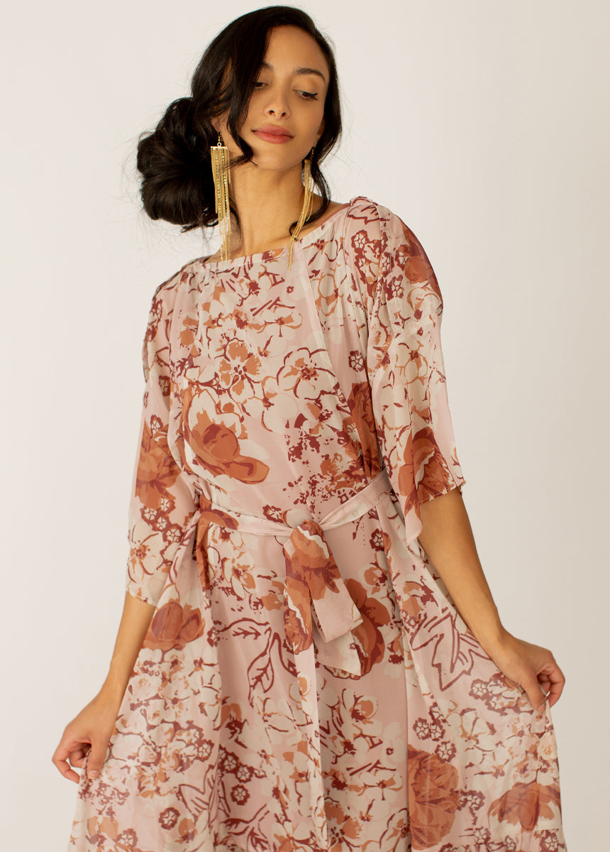 Severine Dress in Sheer Nude Pink Floral
