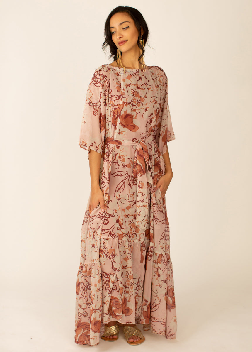 Severine Dress in Sheer Nude Pink Floral