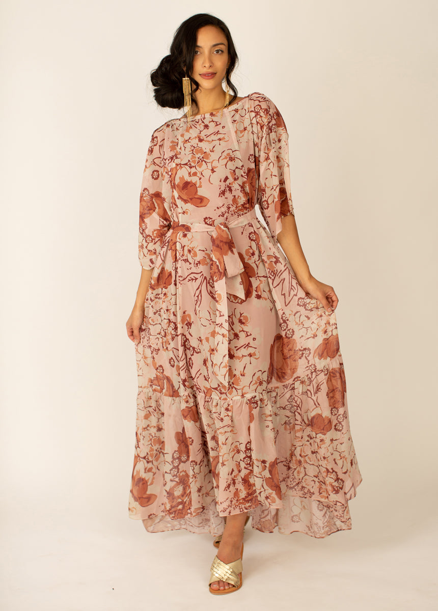 Severine Dress in Sheer Nude Pink Floral